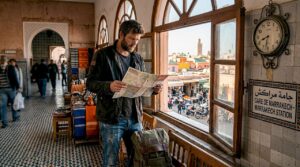 Traveler consulting map in Moroccan train station