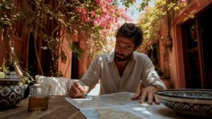 Traveler planning Morocco itinerary in riad
